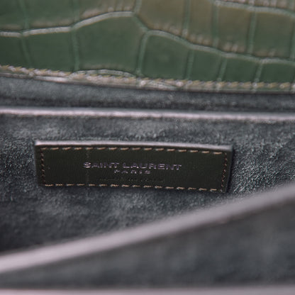Saint Laurent Calfskin Crocodile Embossed Medium Monogram Sunset Dark Green 7 of 9