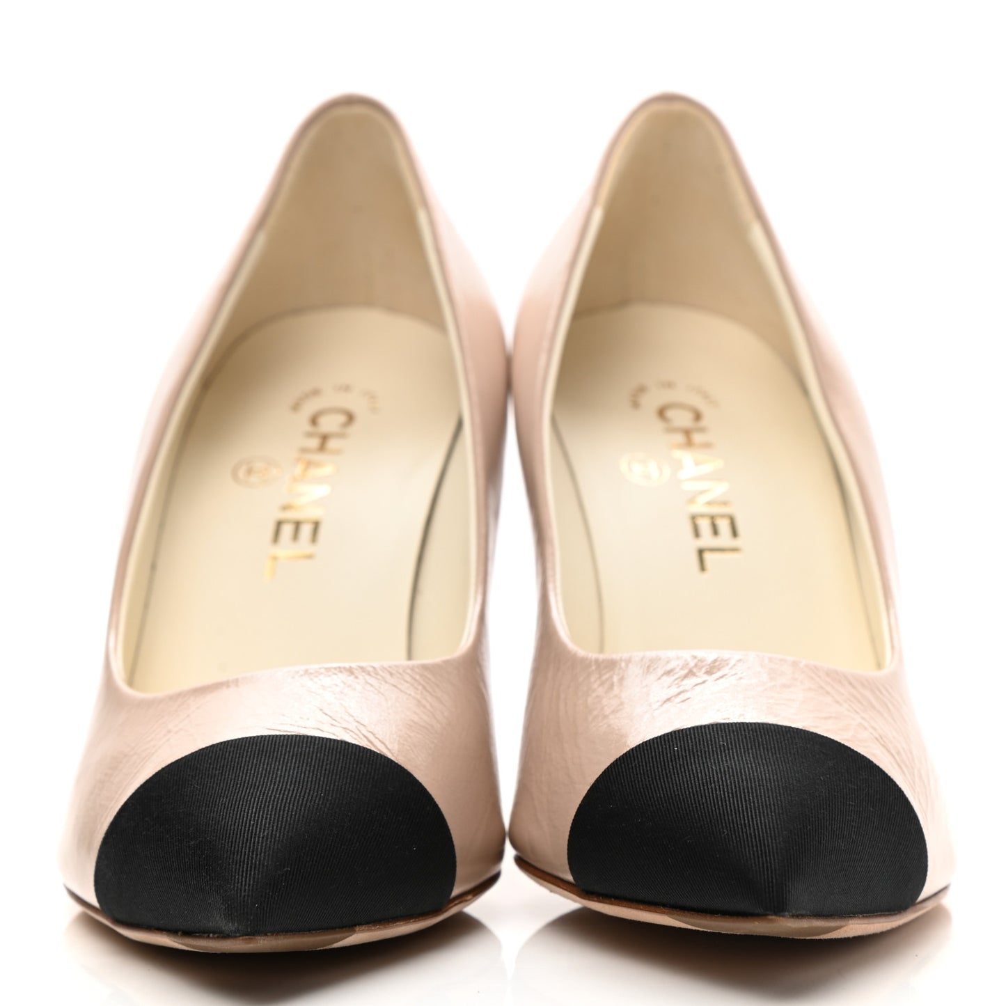 Shiny Calfskin Grosgrain Cap Toe CC Pearl Pumps 39 Beige Black