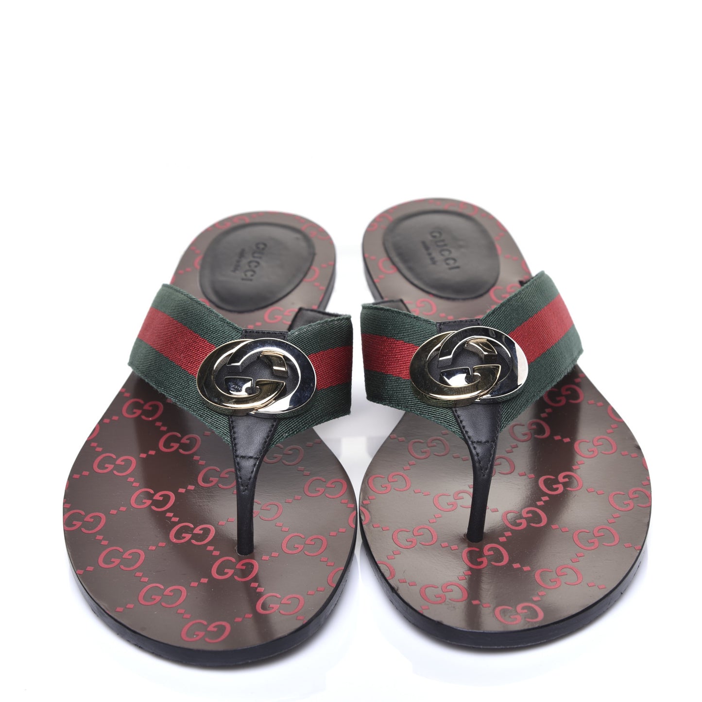 Nylon Calfskin Web GG Monogram Womens Thong Sandals 41 Green Red Cocoa