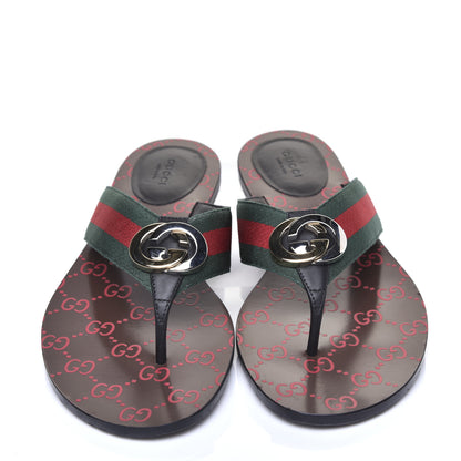 Gucci Nylon Calfskin Web GG Monogram Womens Thong Sandals 41 Green Red Cocoa 5 of 10