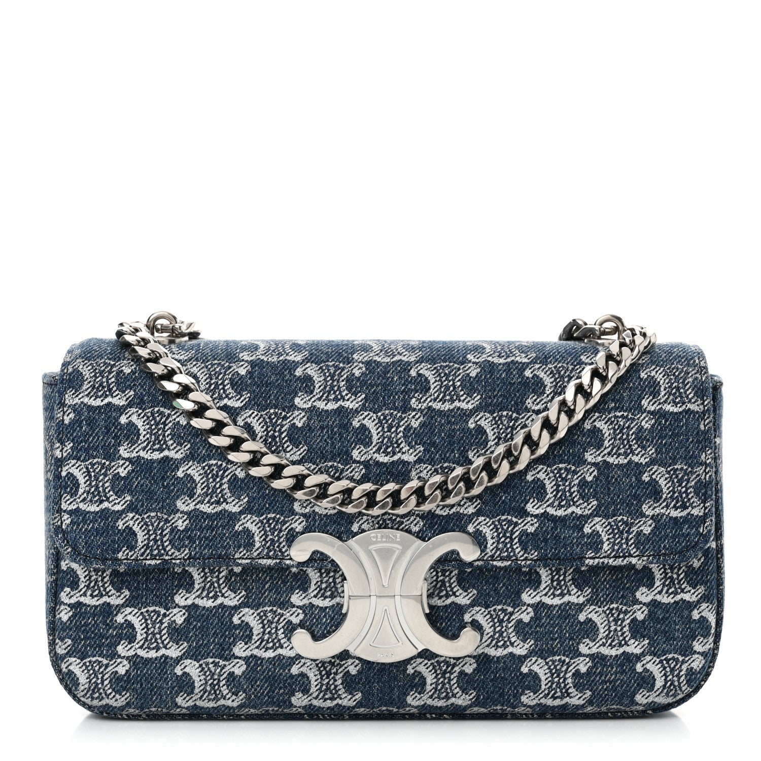 Celine Denim Triomphe Claude Chain Shoulder Bag Blue Silver 1 of 11