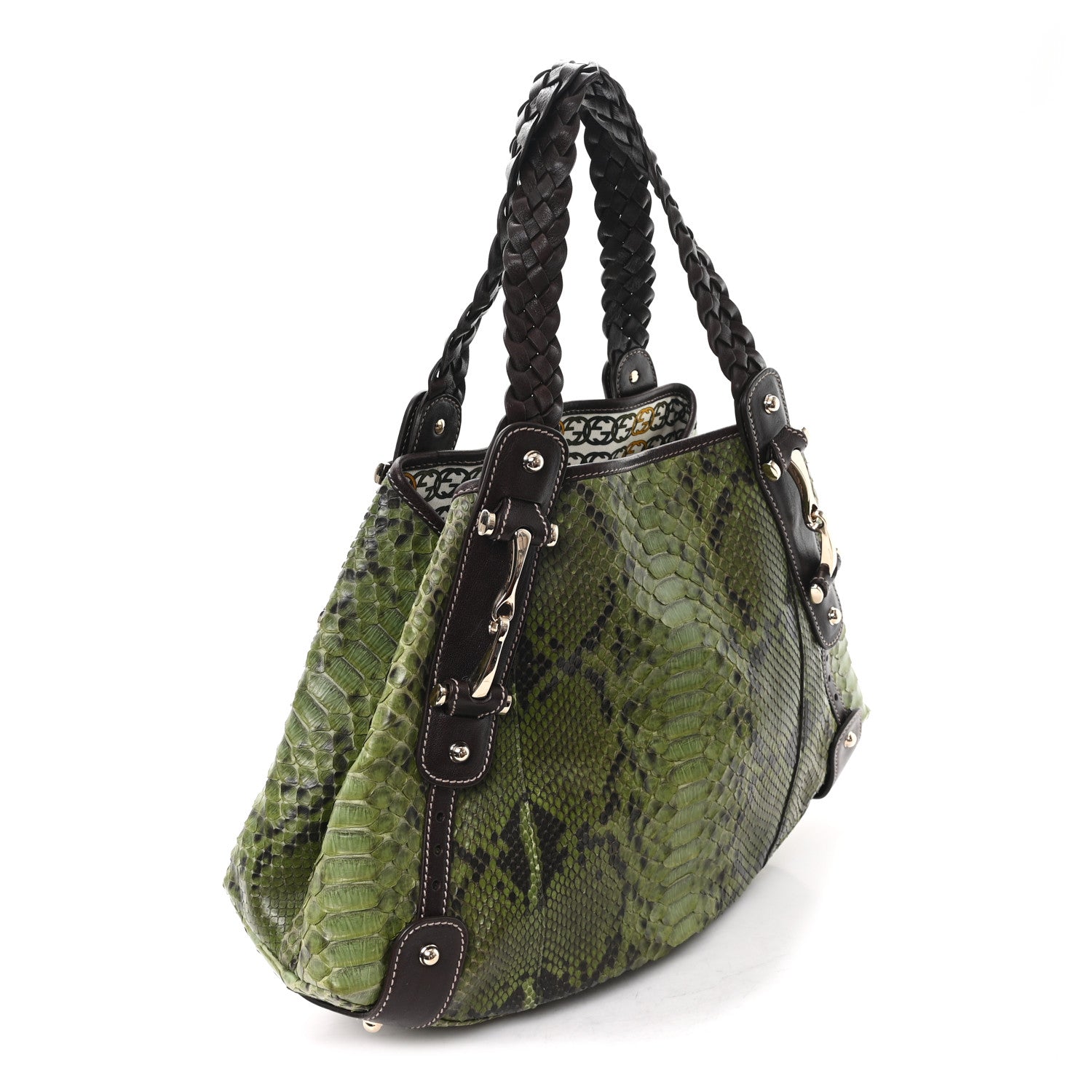 Gucci Snakeskin Medium Pelham Tote Green Brown 4 of 12