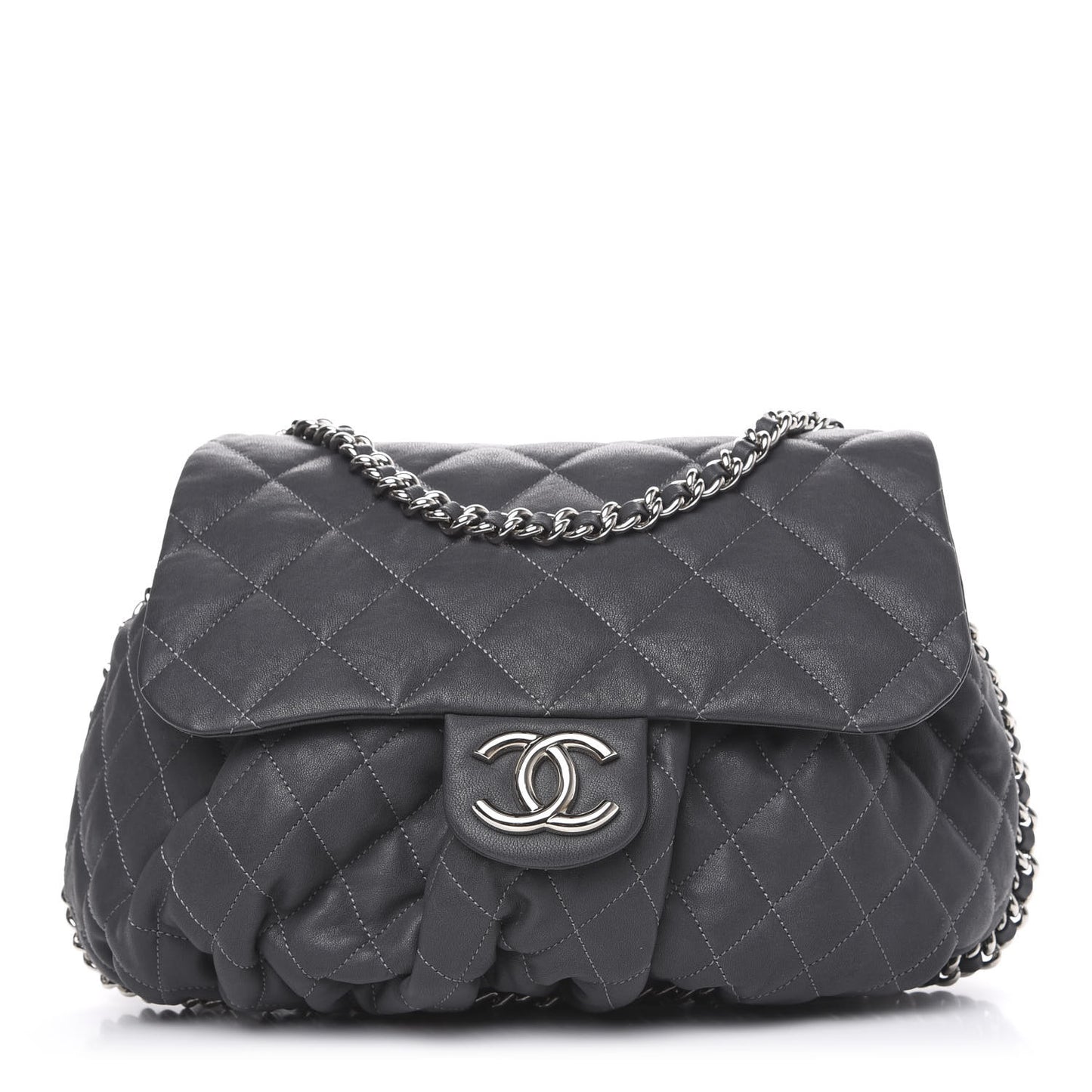 Crumpled Lambskin Quilted Medium Chain Around Flap Dark Grey