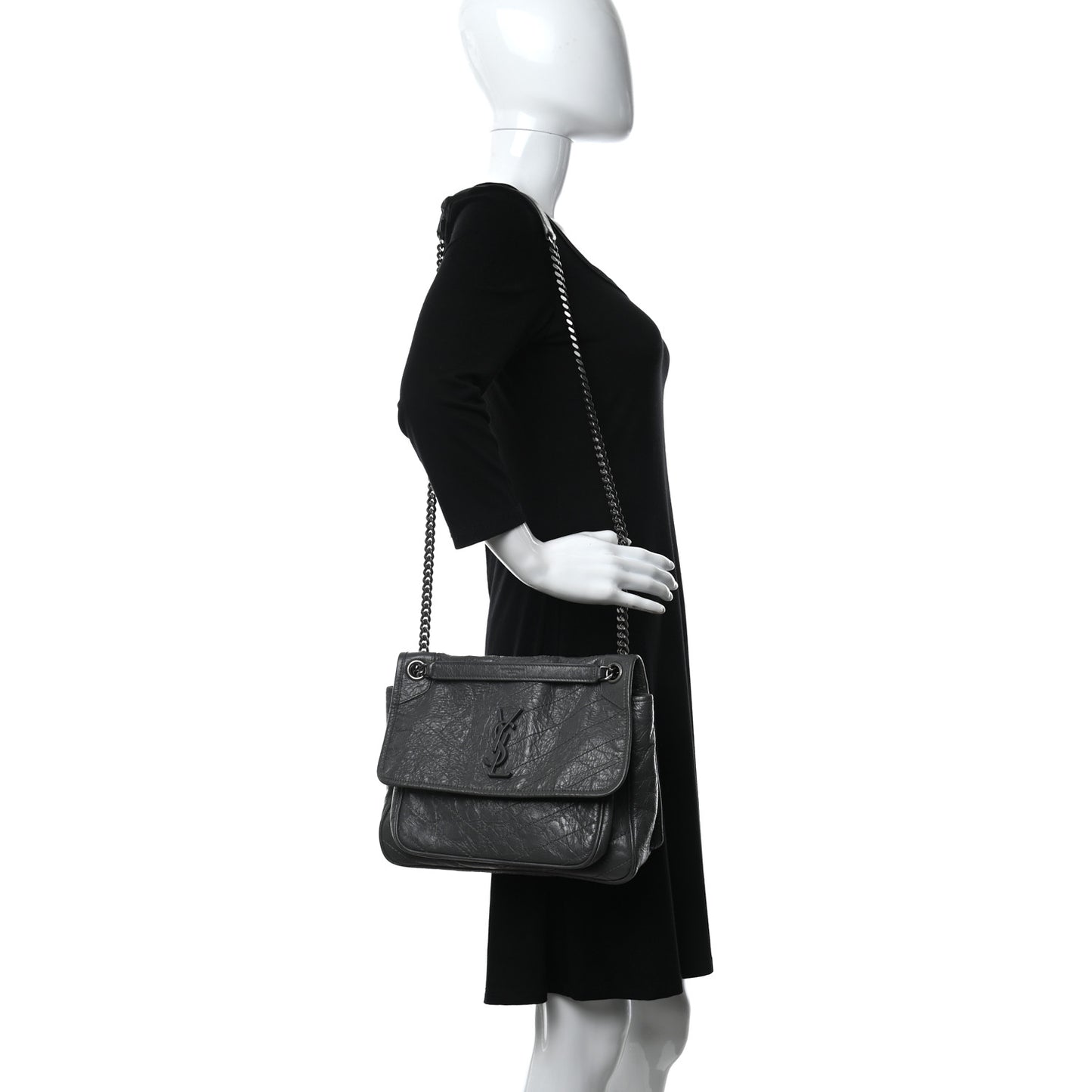 Crinkled Calfskin Matelasse Monogram Medium Niki Chain Satchel Storm