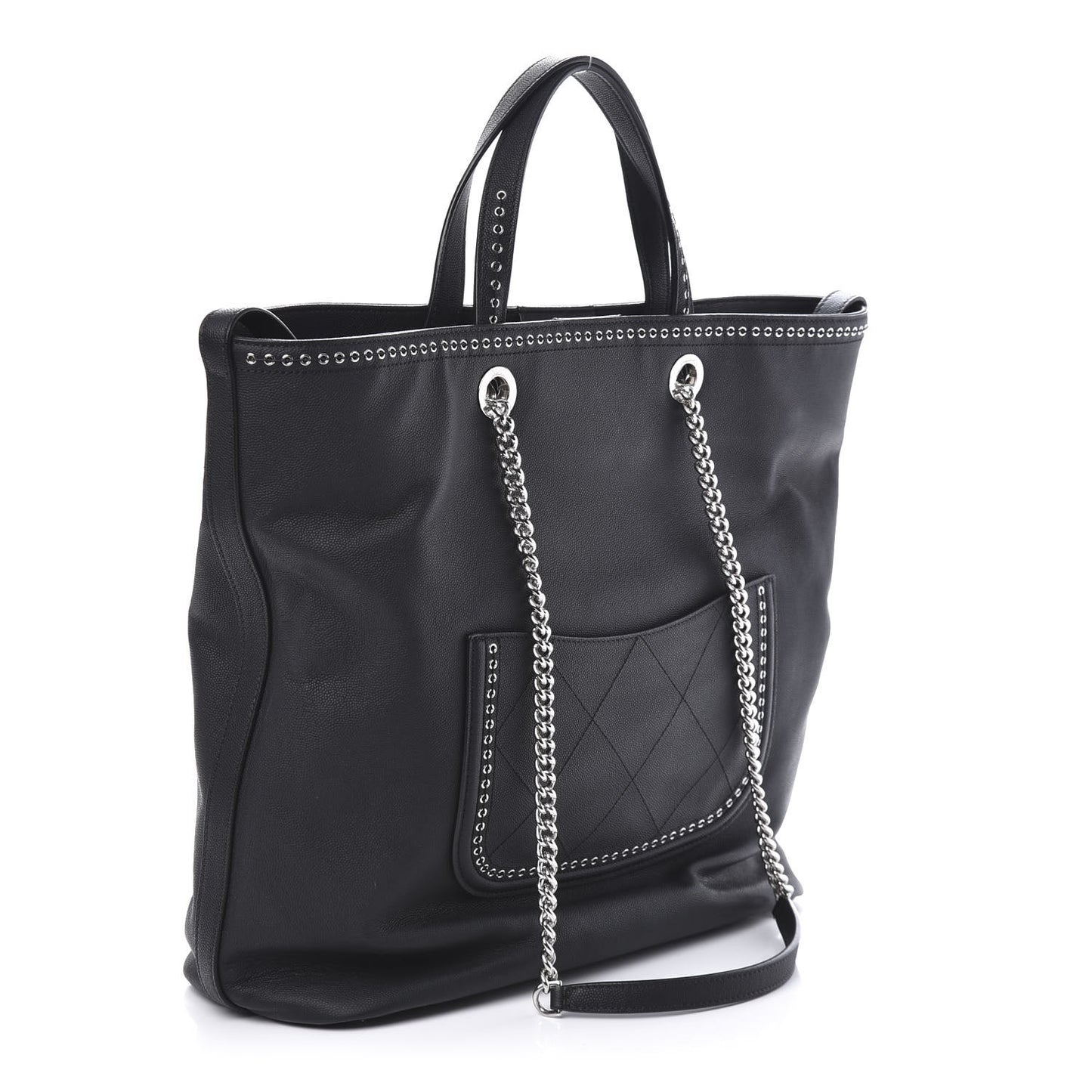 Grained Calfskin Large Coco Eyelets Shopping Tote Black