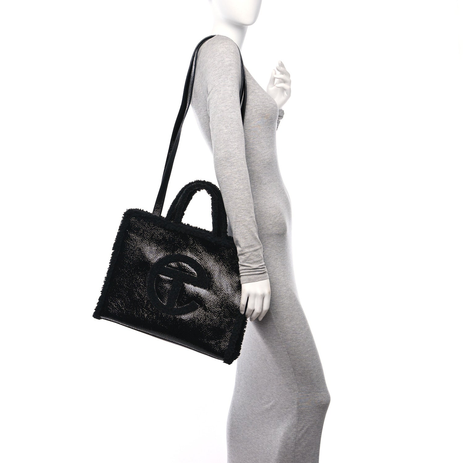 Telfar X UGG Crinkle Patent Shearling Large Shopping Bag Black 2 of 9