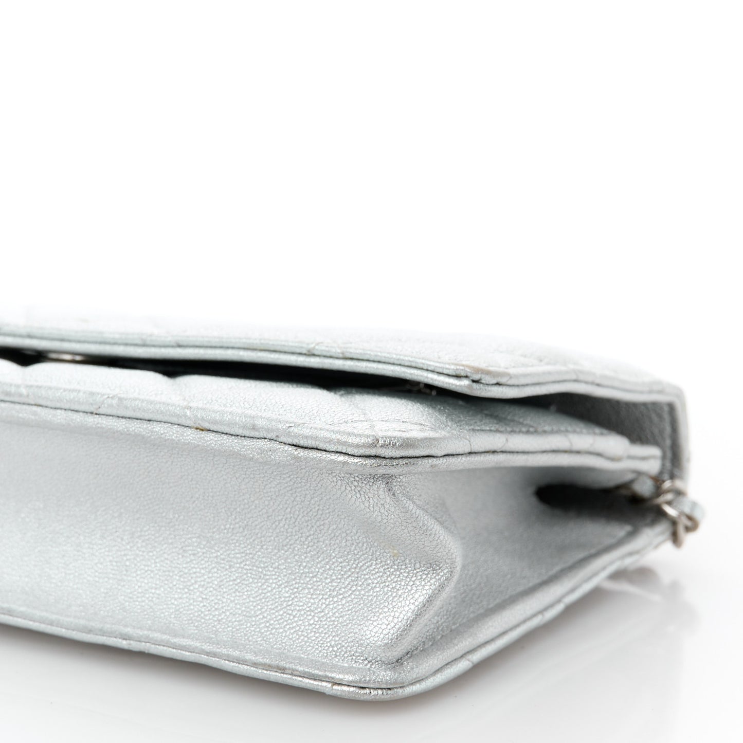 Metallic Lambskin Quilted Wallet On Chain WOC Silver