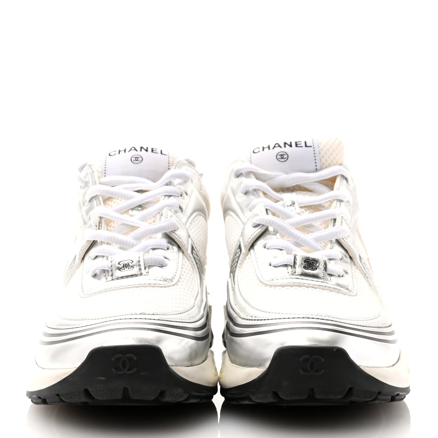 Fabric Laminated Calfskin Stretch CC Womens Sneakers 39.5 White Silver
