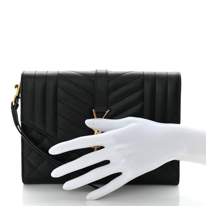 Saint Laurent Grain De Poudre Textured Mixed Matelasse Triquilt Monogram Clutch Black 3 of 11
