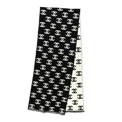 Chanel Wool Cashmere CC Scarf Black White 2 of 5