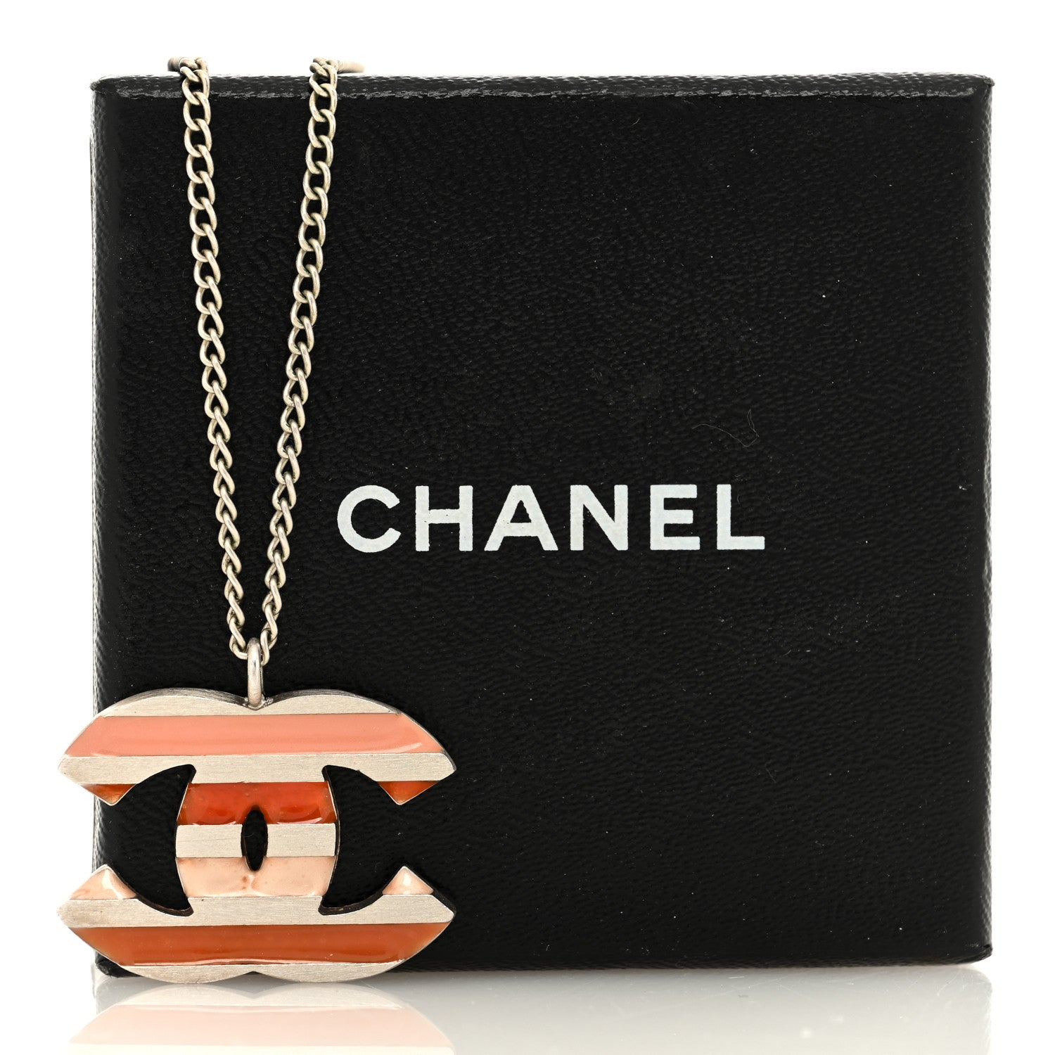 Chanel Metal Enamel Striped CC Necklace Pink Silver 6 of 6
