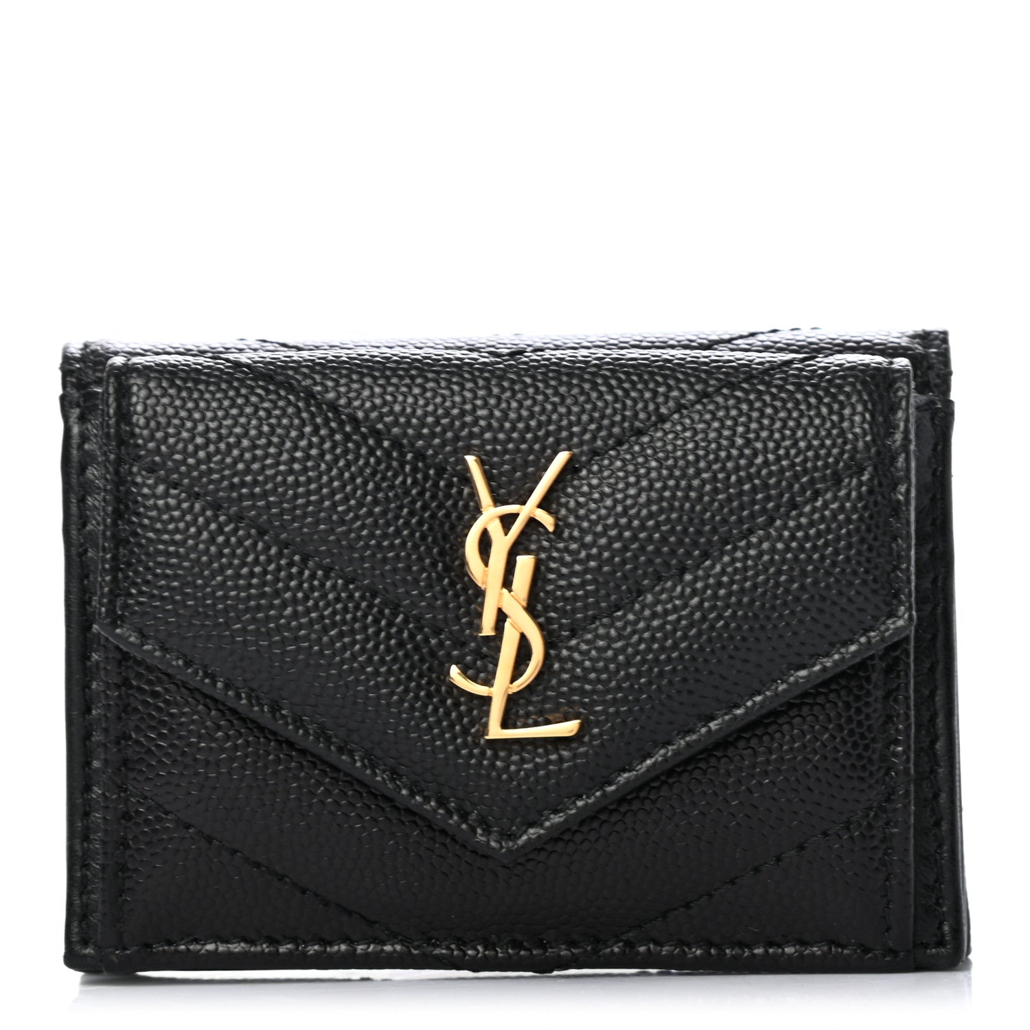 Saint Laurent Grain De Poudre Matelasse Chevron Monogram Compact Tri Fold Pocket Wallet Black 1 of 7