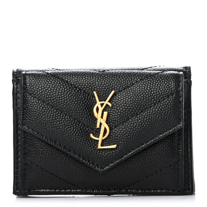 Saint Laurent Grain De Poudre Matelasse Chevron Monogram Compact Tri Fold Pocket Wallet Black 1 of 7