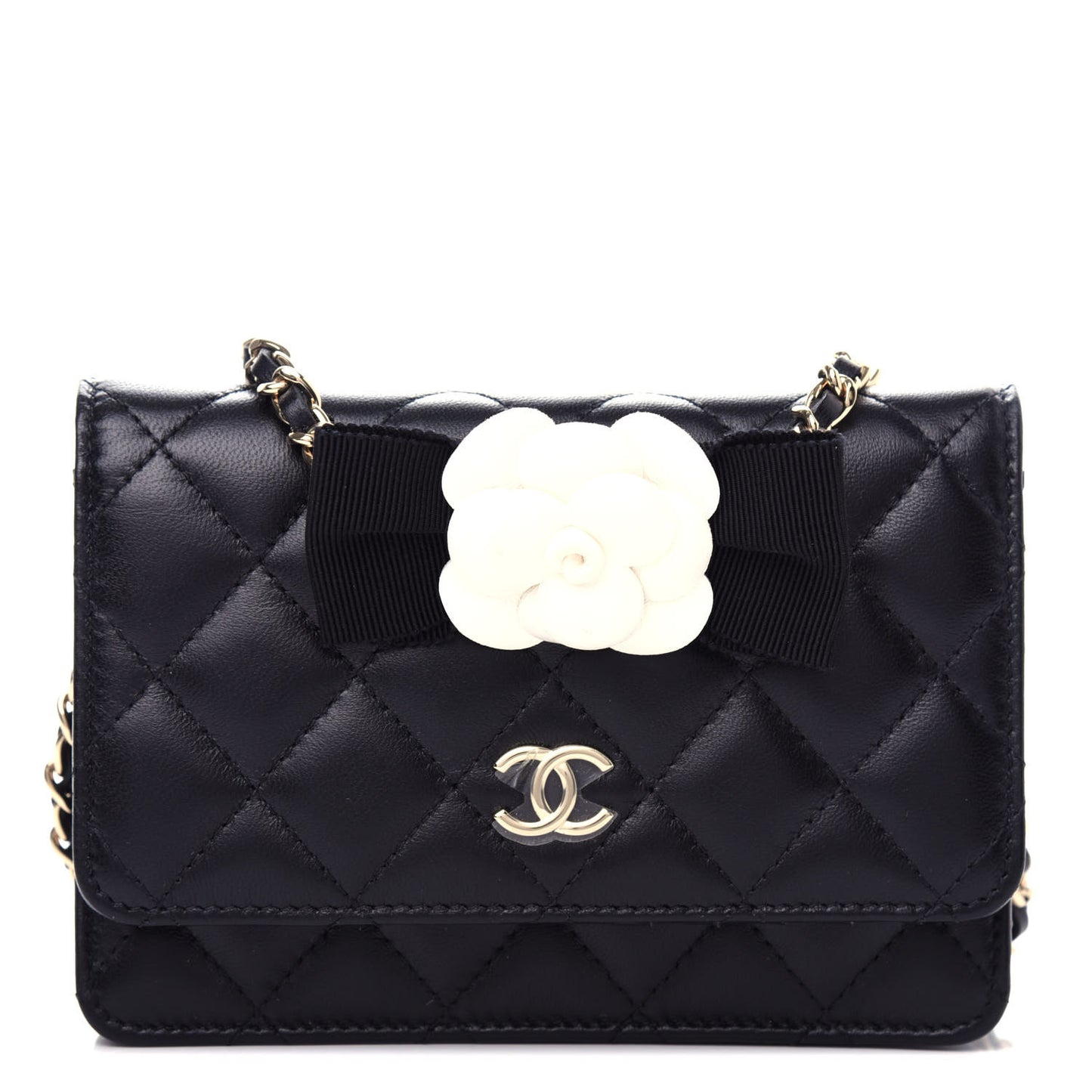 Lambskin Quilted Mini Camellia Bow Wallet On Chain WOC Black