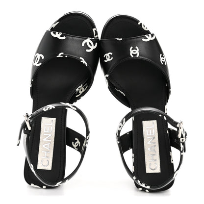 Chanel Printed Lambskin CC Platform Sandals 37 Black White 2 of 11