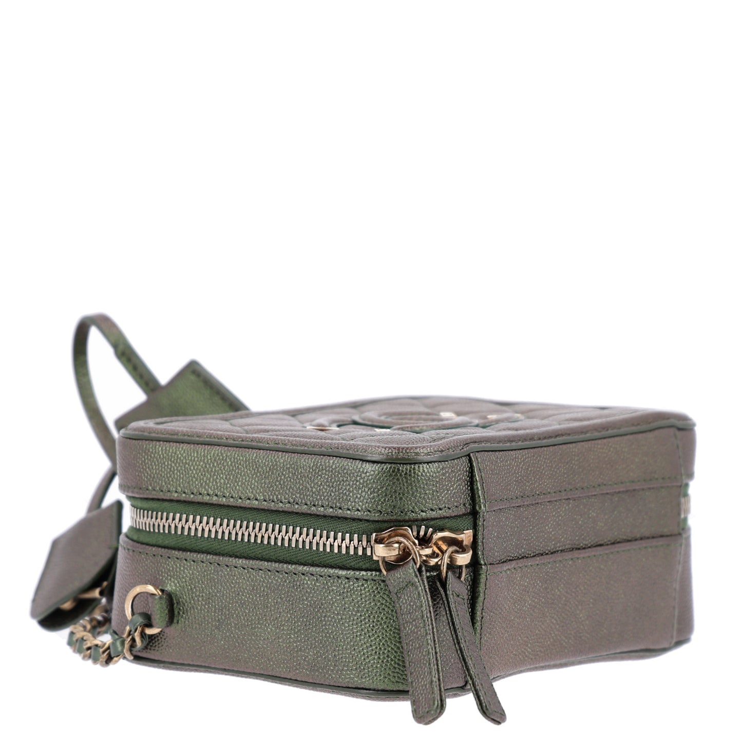 Iridescent Caviar Quilted Small CC Filigree Vanity Case Green