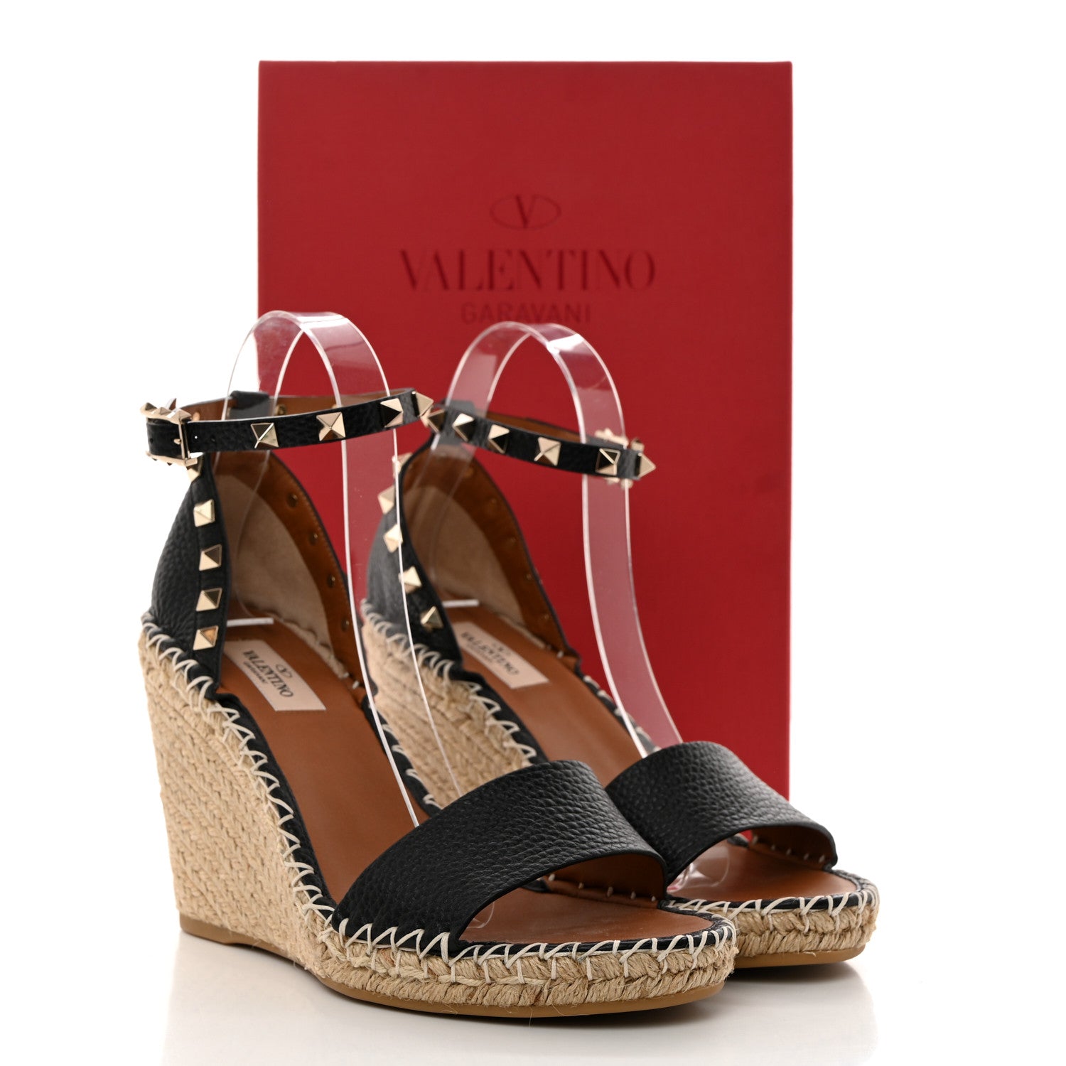 Valentino Garavani Grained Calfskin Rockstud Ankle Strap Espadrille 15/105mm Wedge Sandals 39 Black Light Cuir Natural 9 of 9