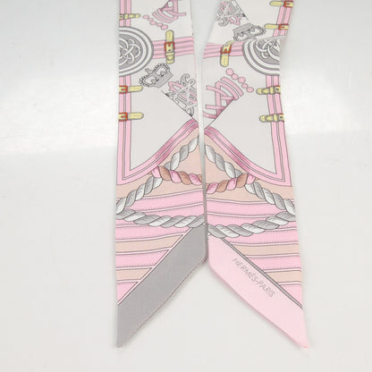 Hermes Silk Grande Tenue Twilly Scarf Rose Pale Gris Perle Blanc 5 of 6