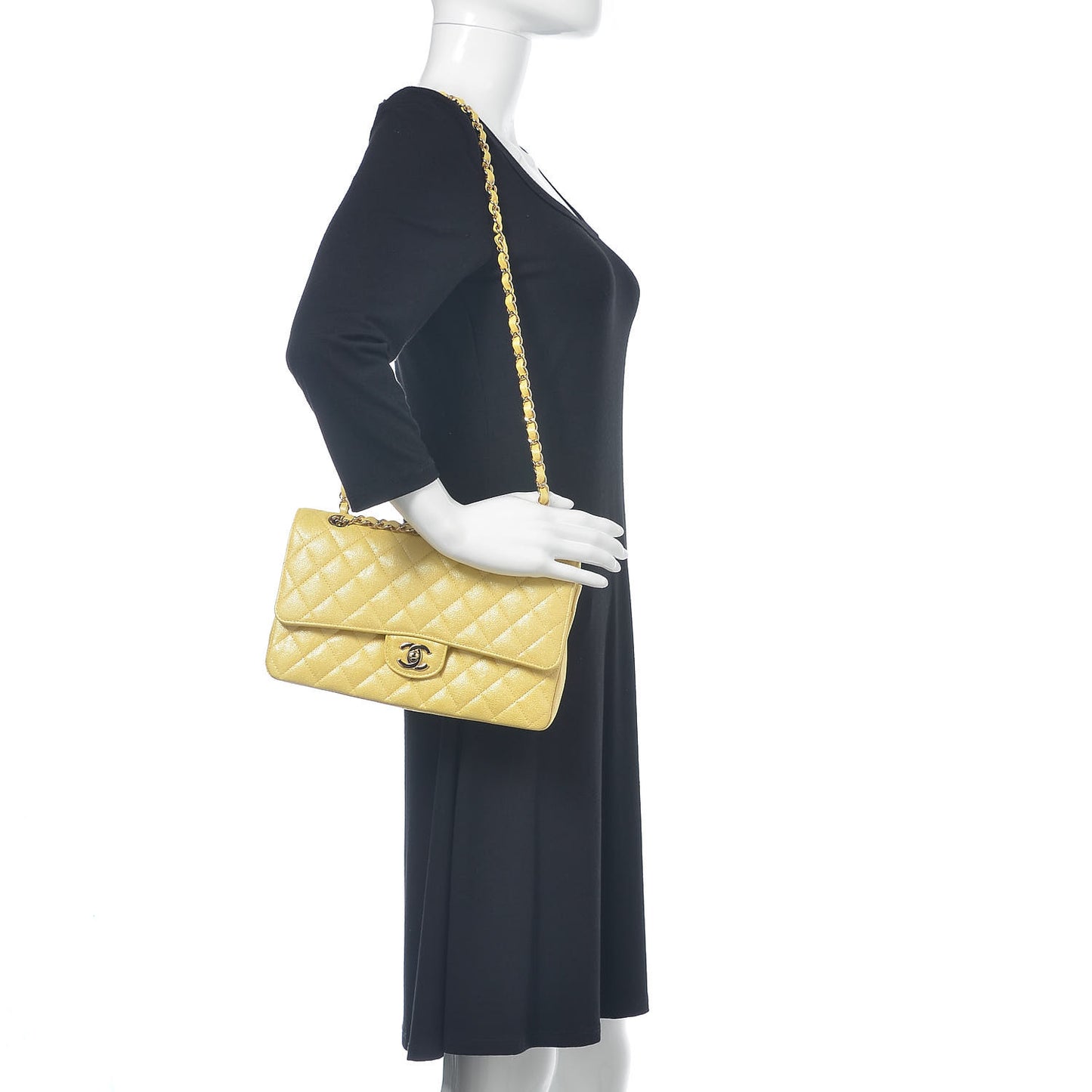 Iridescent Caviar Quilted Medium Double Flap Yellow