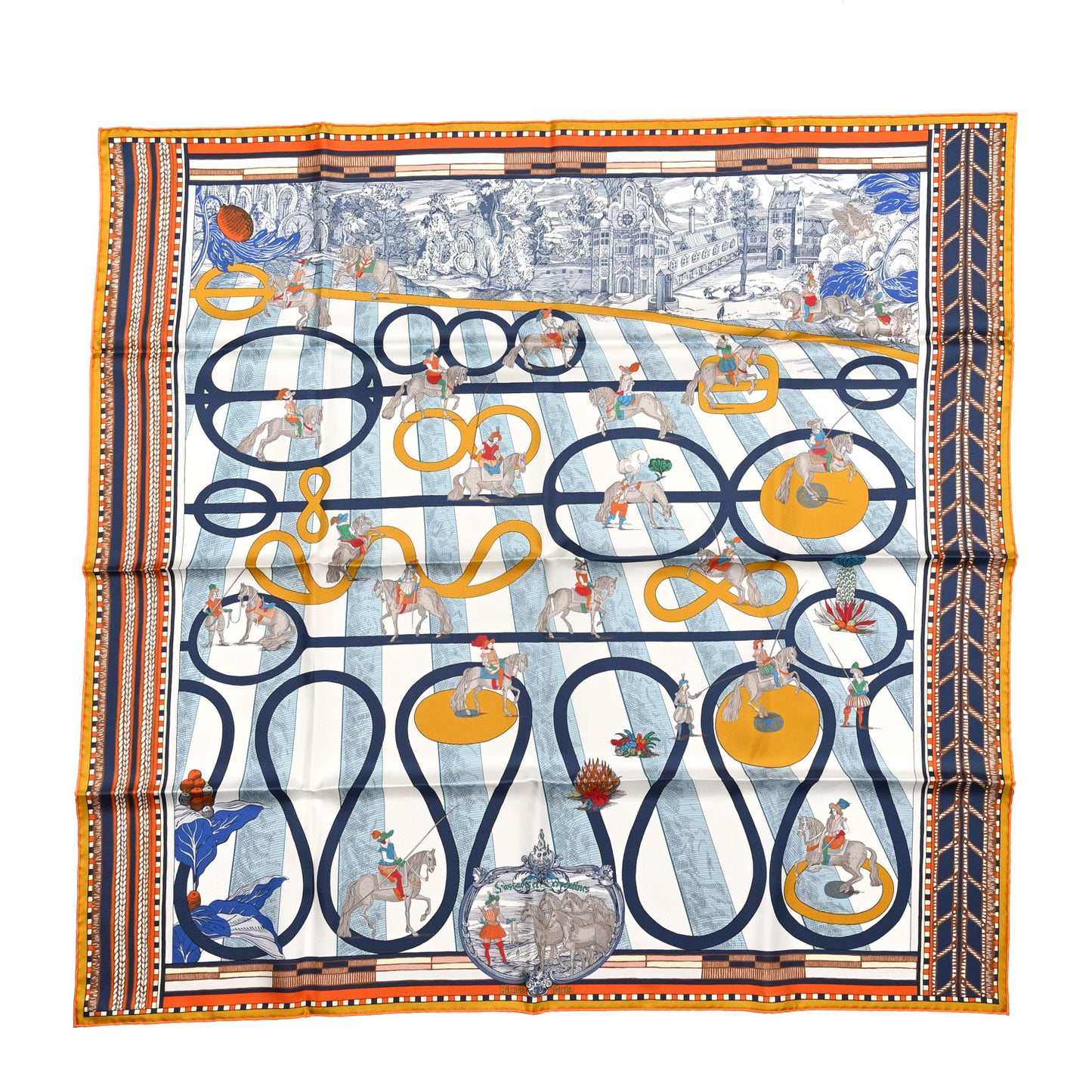 Silk Passades et Serpentines Double Face Scarf 90 Orange White Bleu