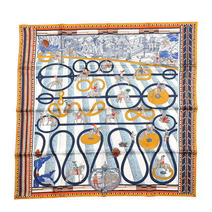 Hermes Silk Passades et Serpentines Double Face Scarf 90 Orange White Bleu 1 of 4