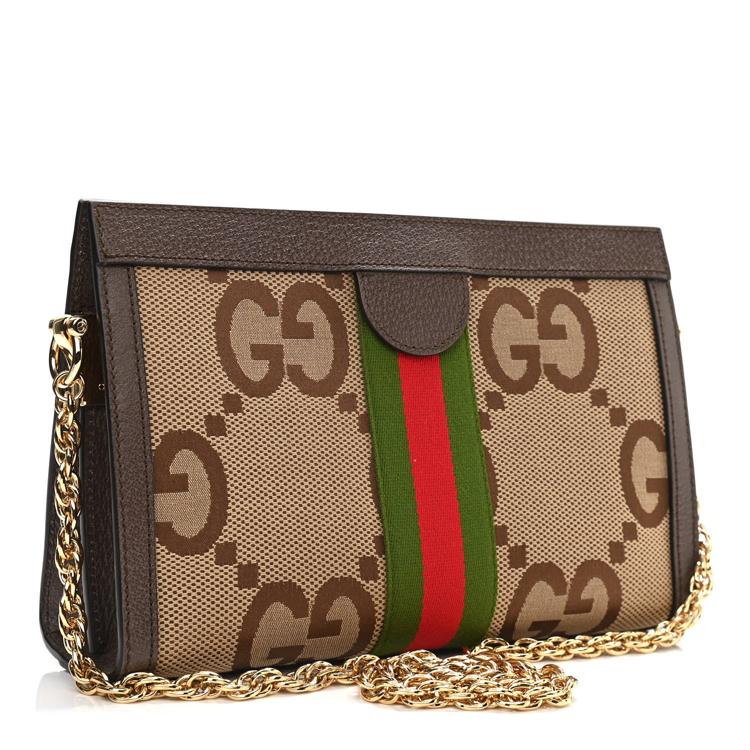 Gucci Monogram Jumbo GG Textured Dollar Calfskin Web Small Ophidia Chain Shoulder Bag Camel Ebony New Acero 3 of 11