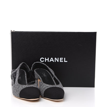 Chanel Tweed Cap Toe CC Slingback Pumps 36 Black Grey 9 of 9