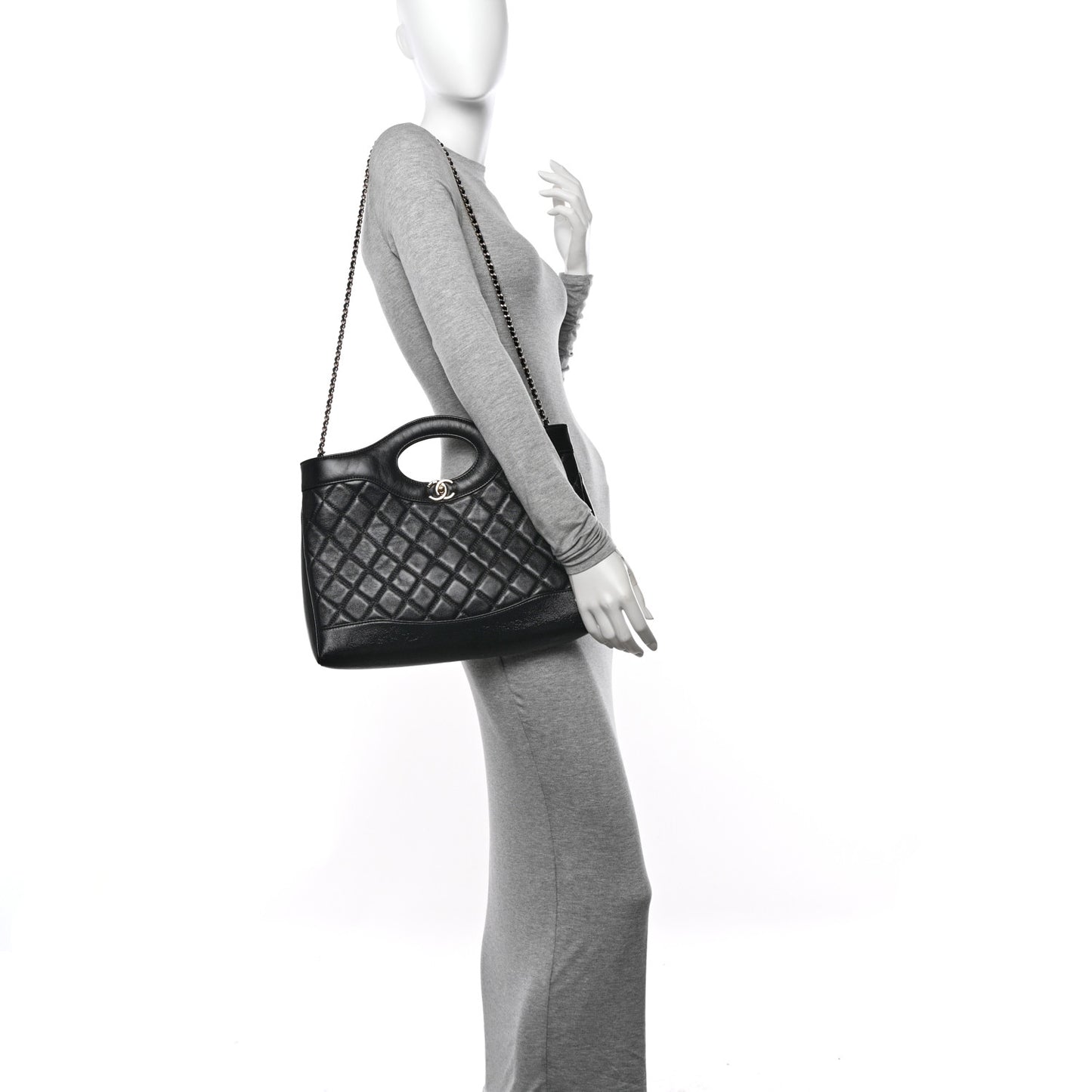 Shiny Lambskin Quilted 31 Shopping Bag Black