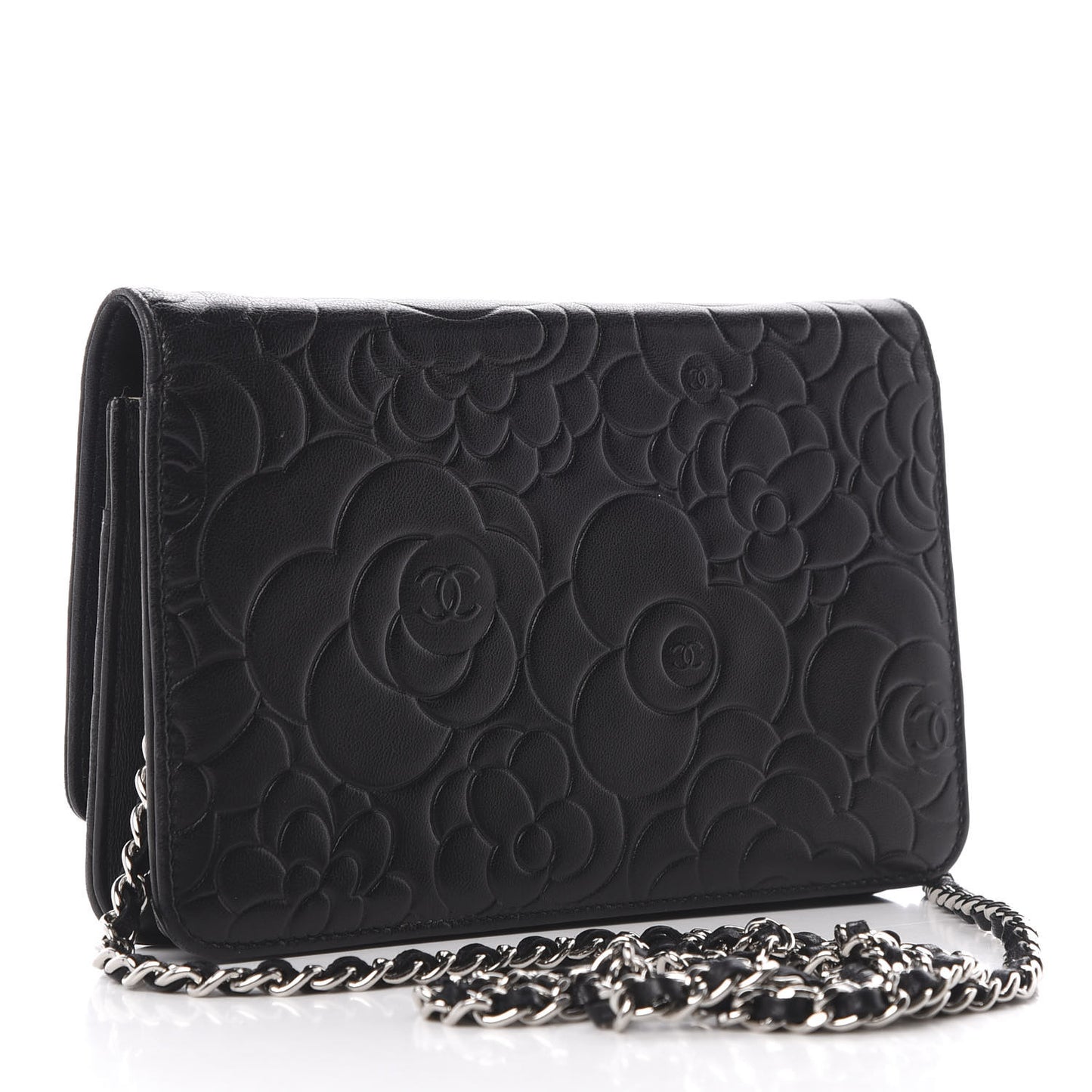 Lambskin Camellia Embossed Wallet on Chain WOC Black