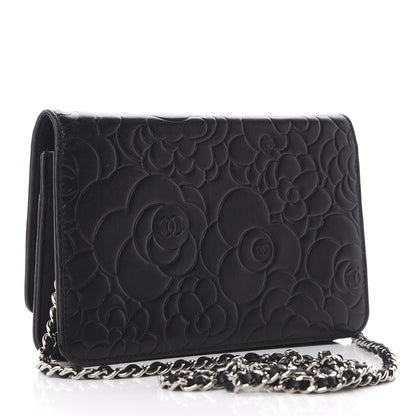 Chanel Lambskin Camellia Embossed Wallet on Chain WOC Black 3 of 10