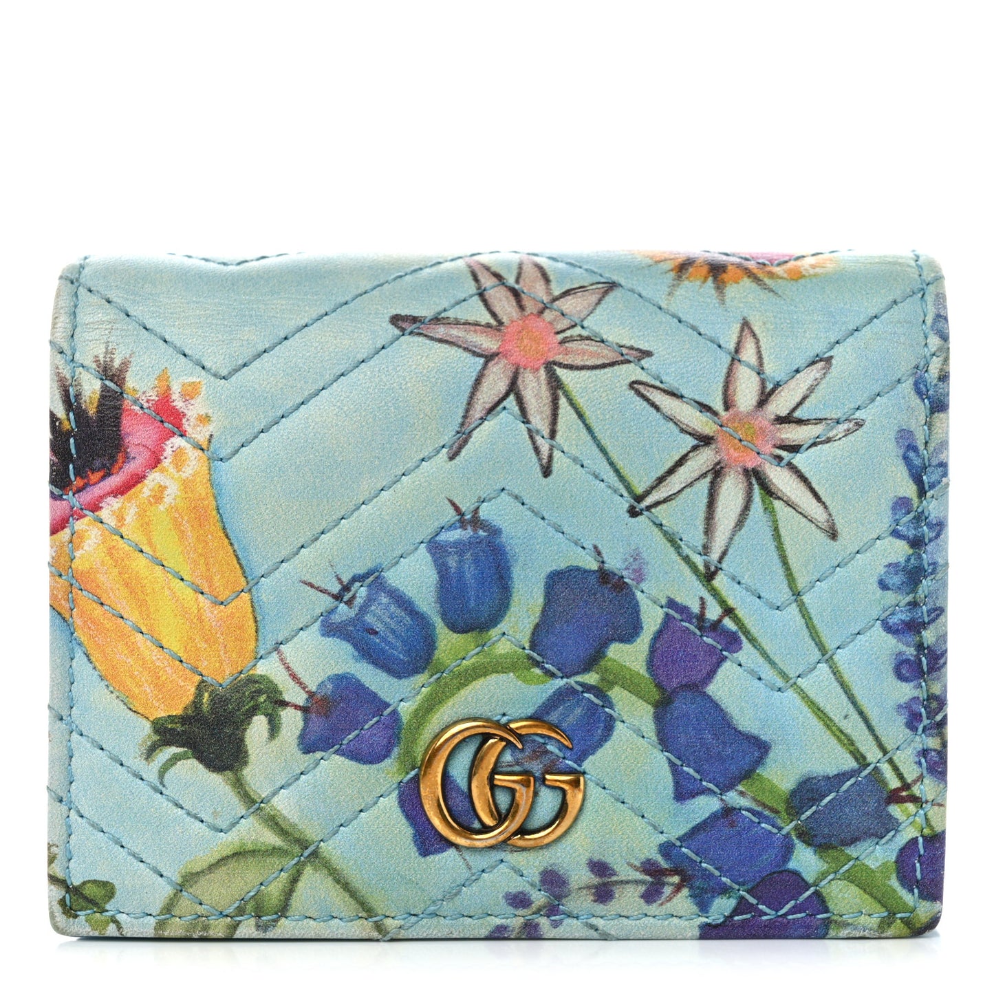 X UNSKILLED WORKER Calfskin Matelasse Flora Painted GG Marmont Card Case Wallet Cloudy Blue Multicolor