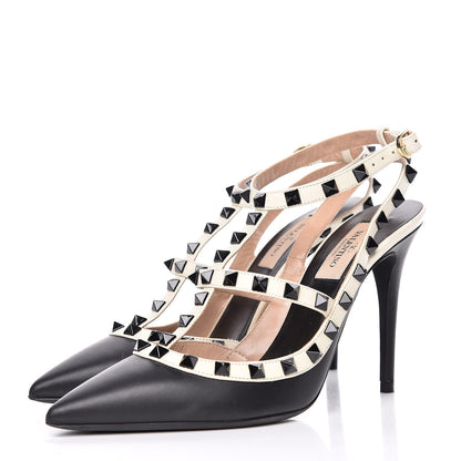 Valentino Garavani Calfskin Rockstud Ankle Strap 100mm Pumps 37.5 Black Light Ivory 3 of 15