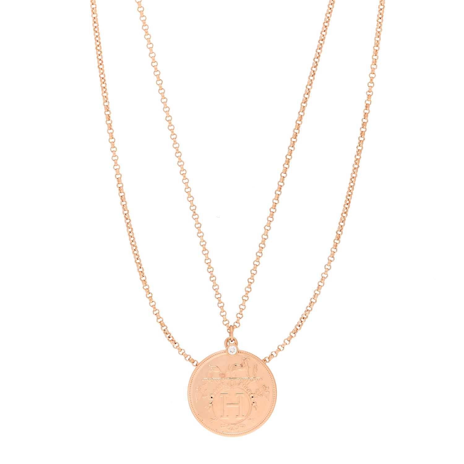 Hermes 18K Rose Gold Diamond MM Ex-Libris Pendant Necklace 1 of 7