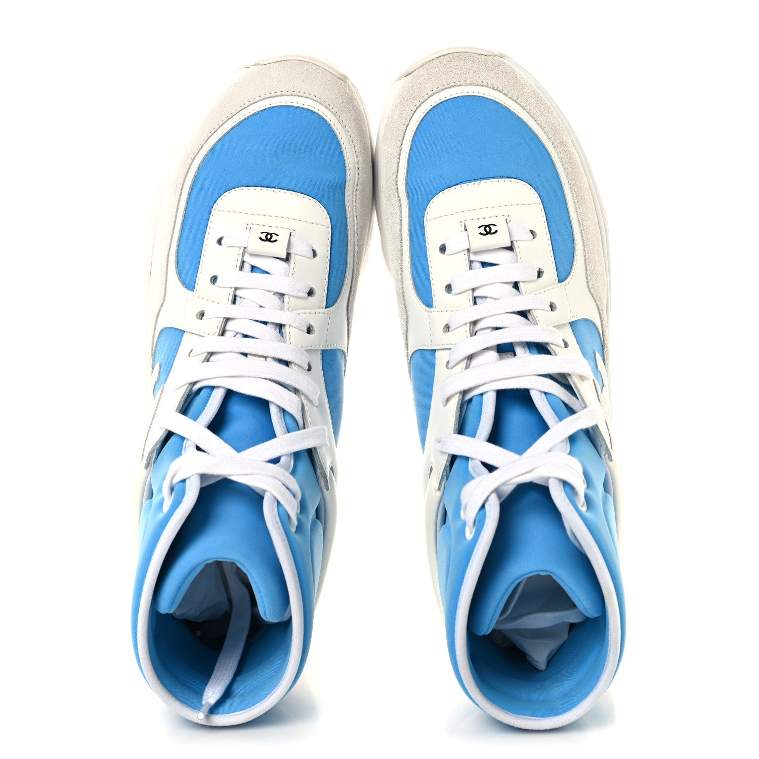 Chanel Suede Calfskin Lambskin High Top CC Sneakers 39 White Blue 2 of 8