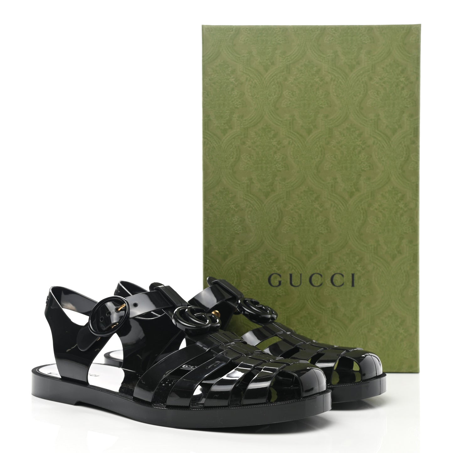Shiny Rubber Double G Buckle Strap Sandals 40 Black
