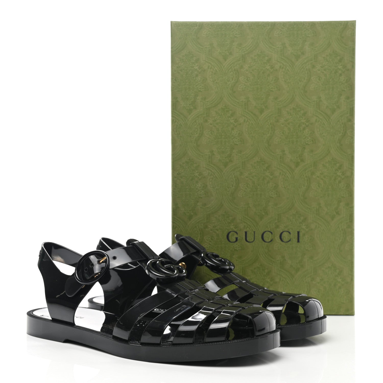 Gucci Shiny Rubber Double G Buckle Strap Sandals 40 Black 15 of 16