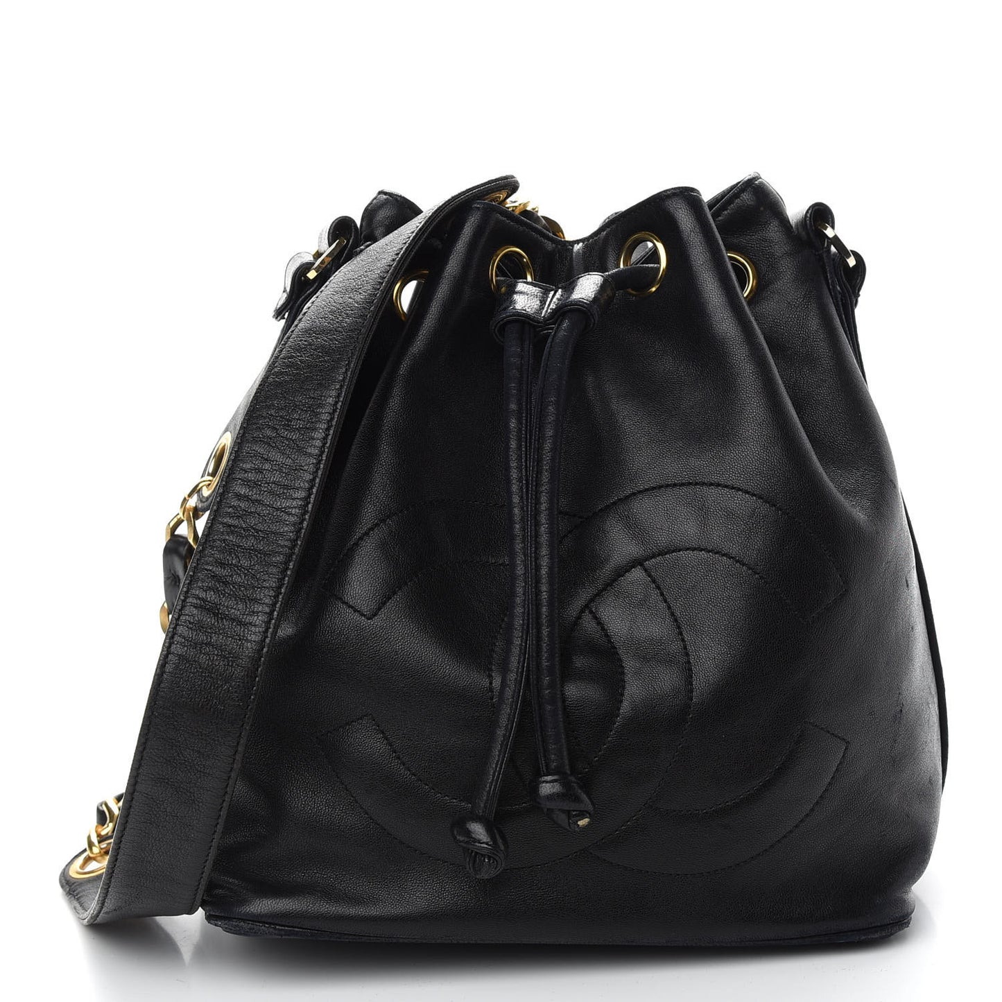 Lambskin CC Stitched Drawstring Bucket Bag Black