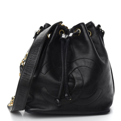 Chanel Lambskin CC Stitched Drawstring Bucket Bag Black 3 of 12