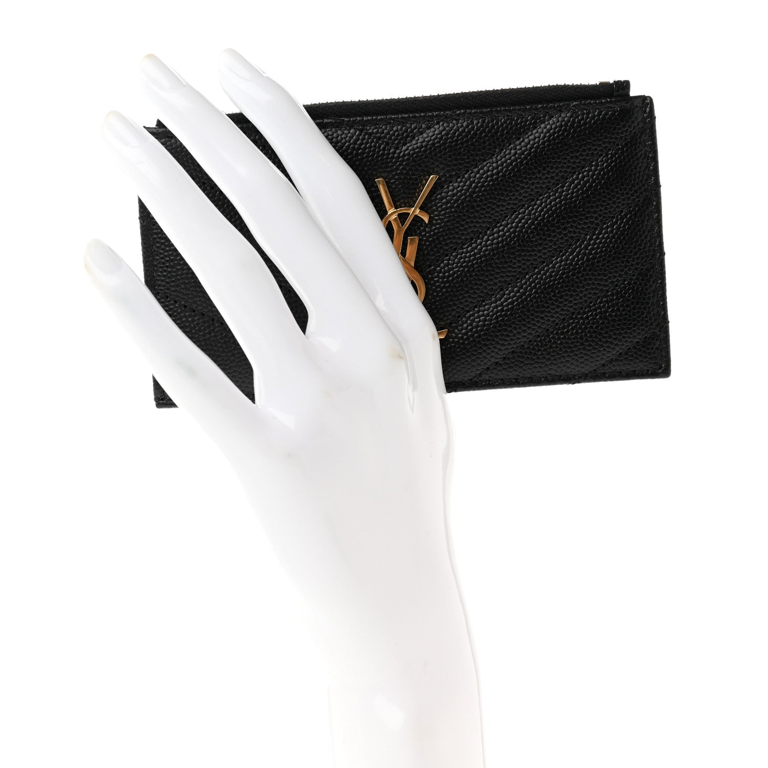 Saint Laurent Grain De Poudre Matelasse Chevron Monogram Fragments Zippered Card Case Black 2 of 7