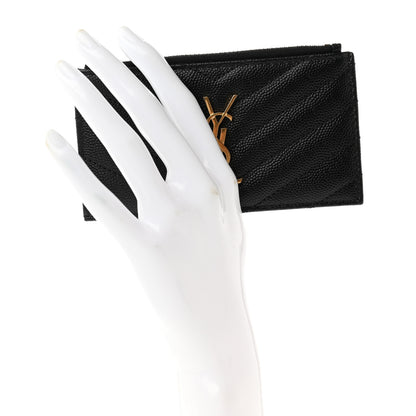 Saint Laurent Grain De Poudre Matelasse Chevron Monogram Fragments Zippered Card Case Black 2 of 7