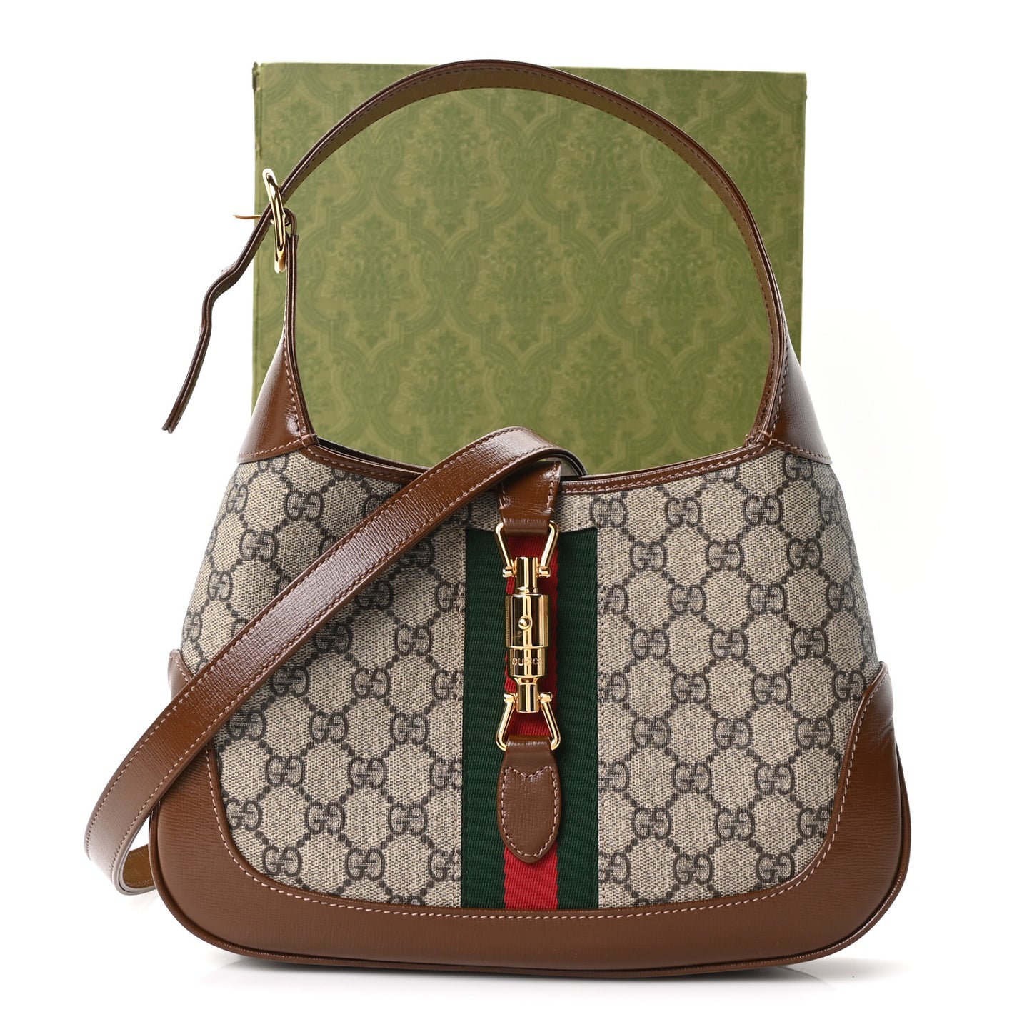 GG Supreme Monogram Azalea Calfskin Web Small Jackie 1961 Hobo Beige Ebony Brown Sugar