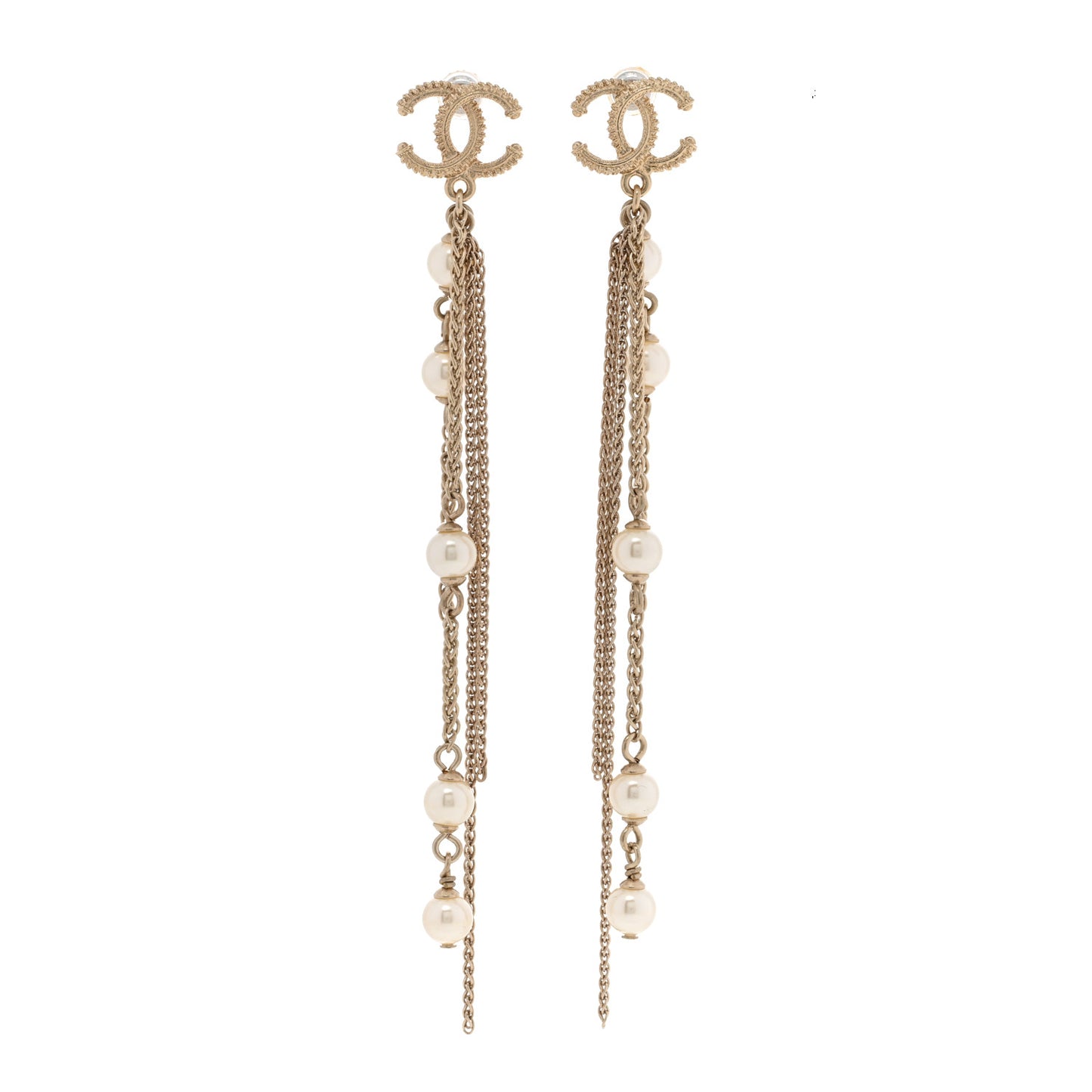Glass Pearl CC Long Drop Earrings Gold