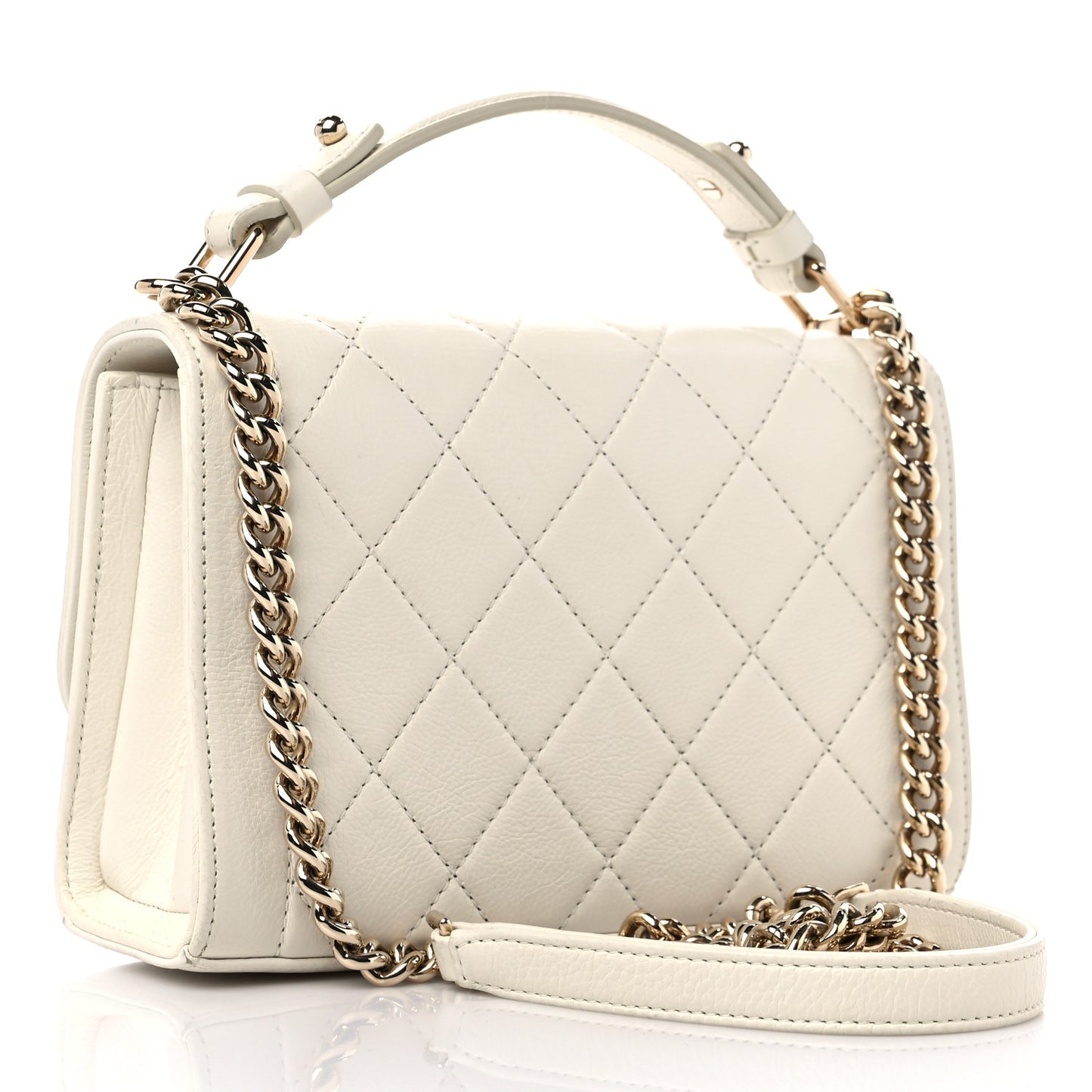 Grained Calfskin Quilted Small Label Click Flap Bag White