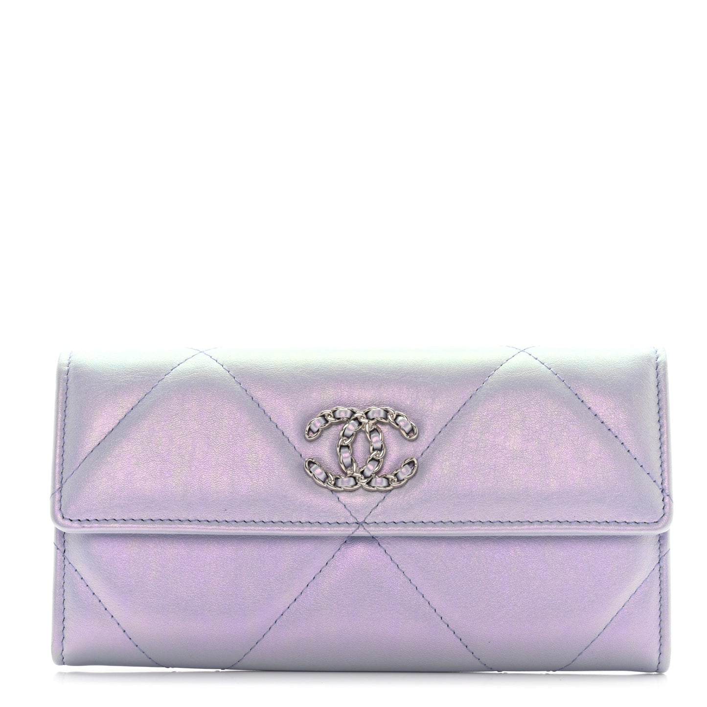 Iridescent Calfskin Quilted Chanel 19 Flap Wallet Light Purple