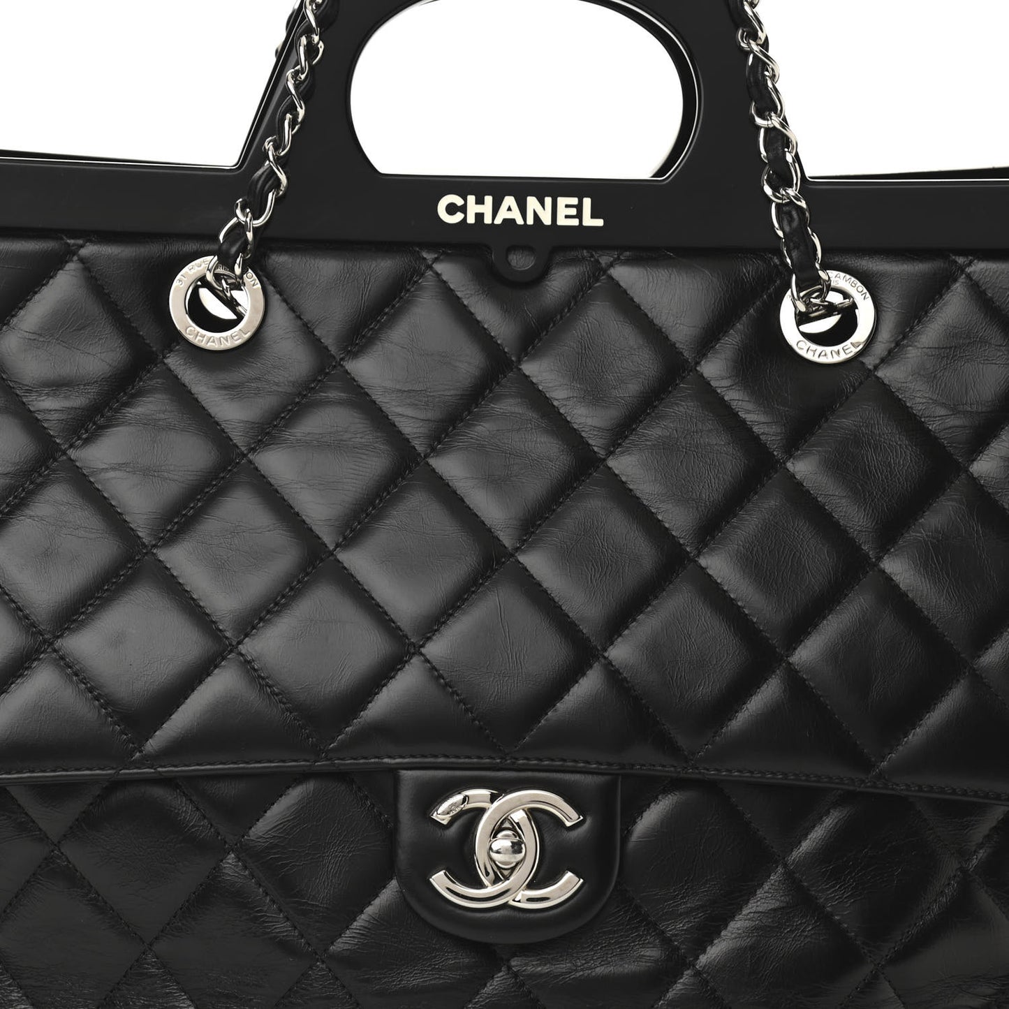 Glazed Calfskin Quilted Large CC Delivery Tote Black