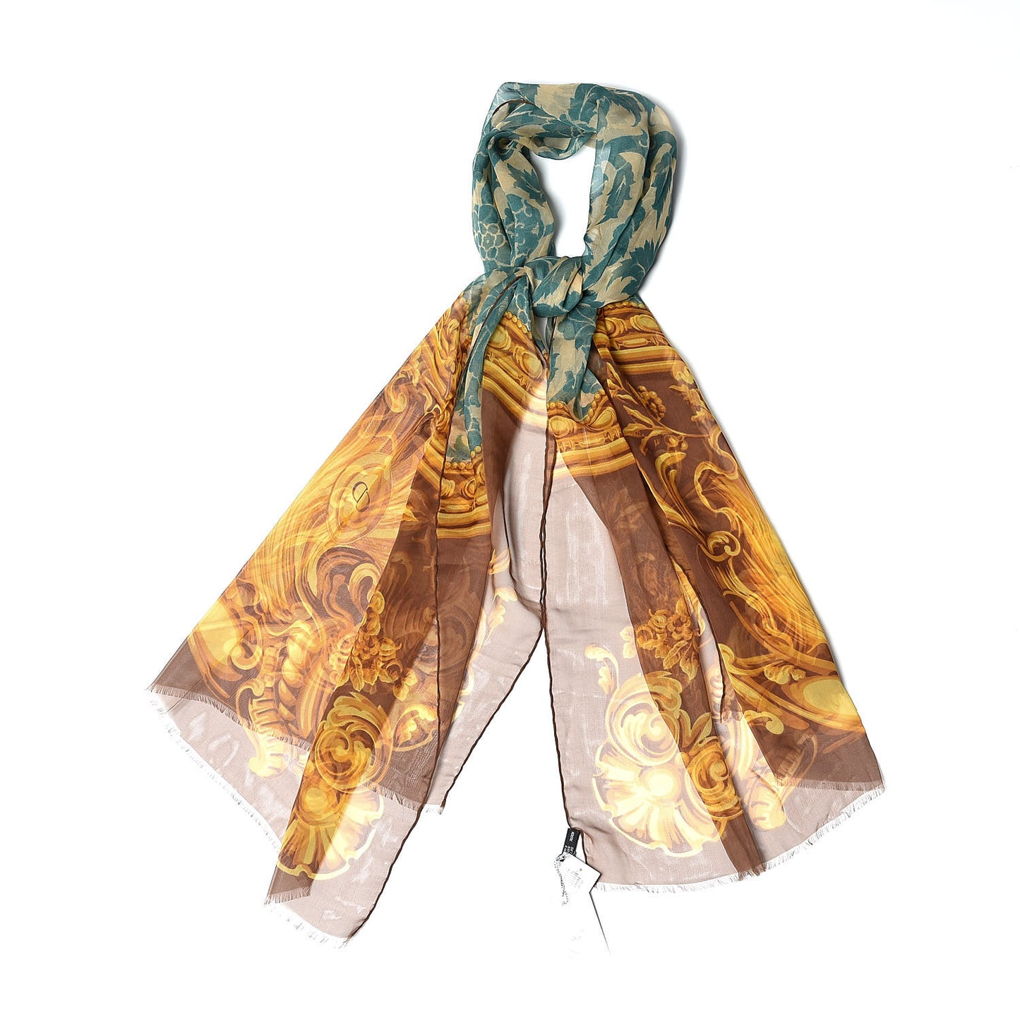Silk Crepe Georgette Leaves Scarf Turquoise Orange Clair Marron