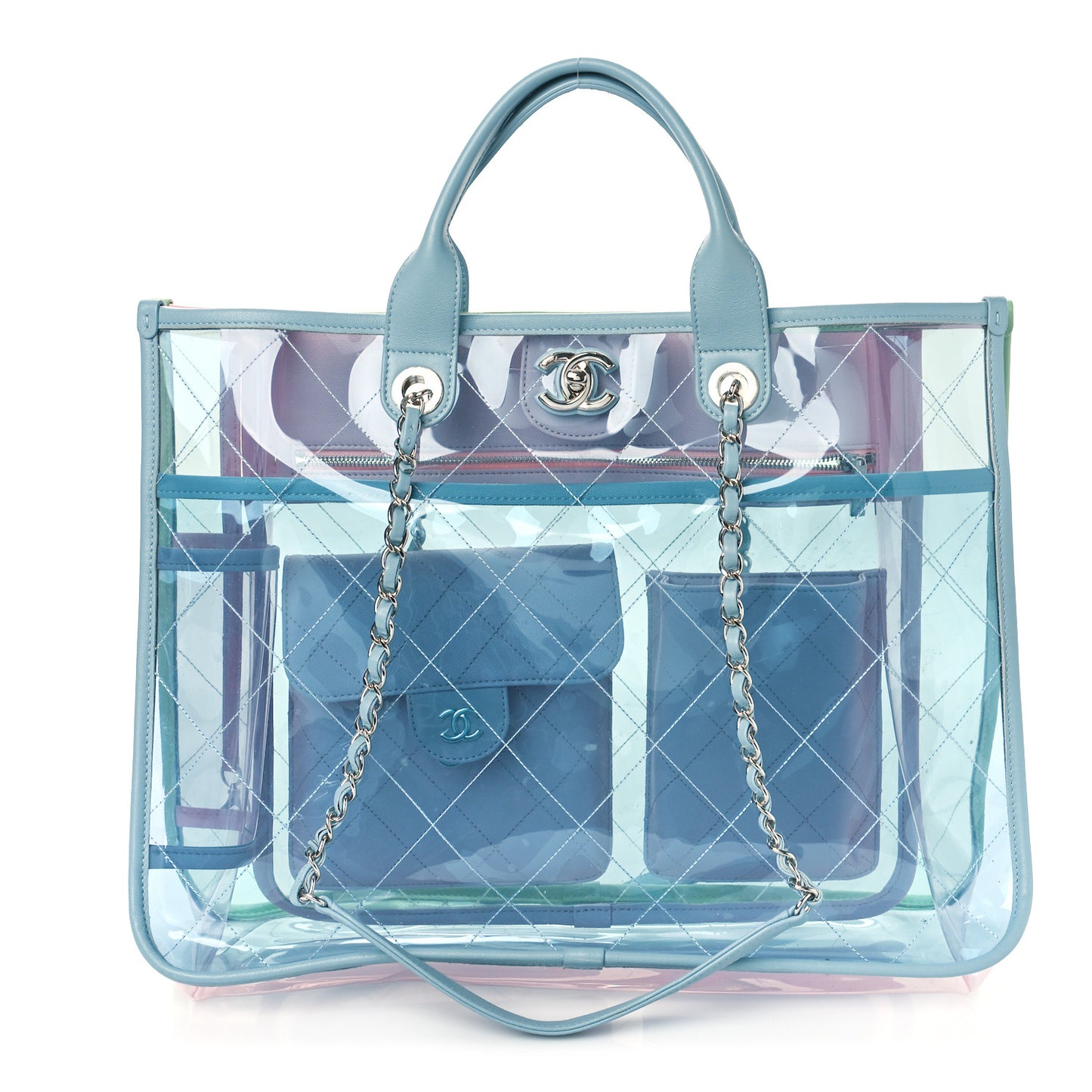 PVC Lambskin Stitched Medium Coco Splash Shopping Bag Blue Green Pink