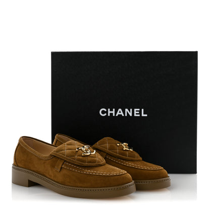 Chanel Suede Kidskin Quilted CC Turnlock Loafers 38 Light Brown 10 of 10