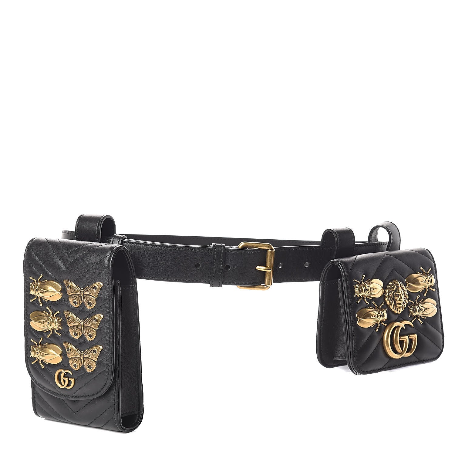 Gucci Calfskin Matelasse Animal Studs GG Marmont Belt Bag 75 Black 1 of 10