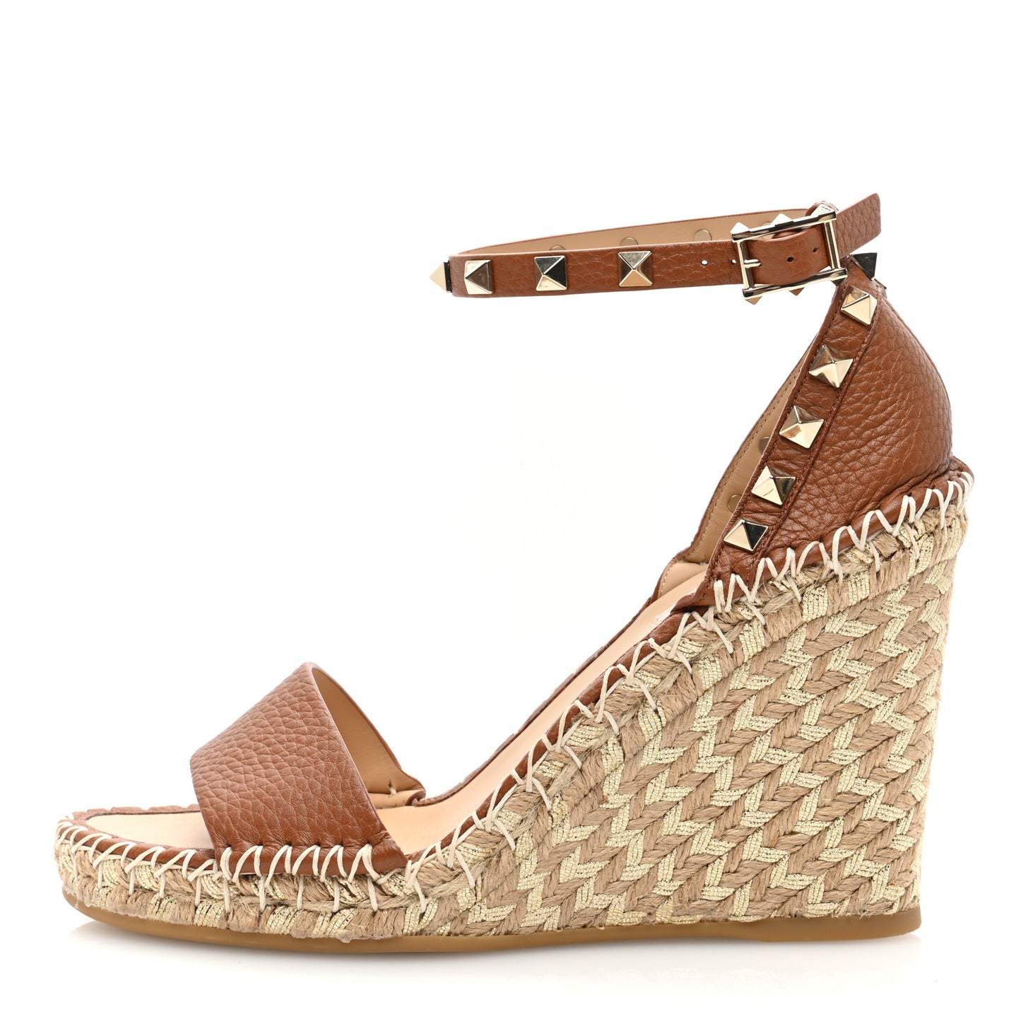 Grained Calfskin Rockstud Ankle Strap Espadrille 15/105mm Wedge Sandals 37 Cuoio Natural